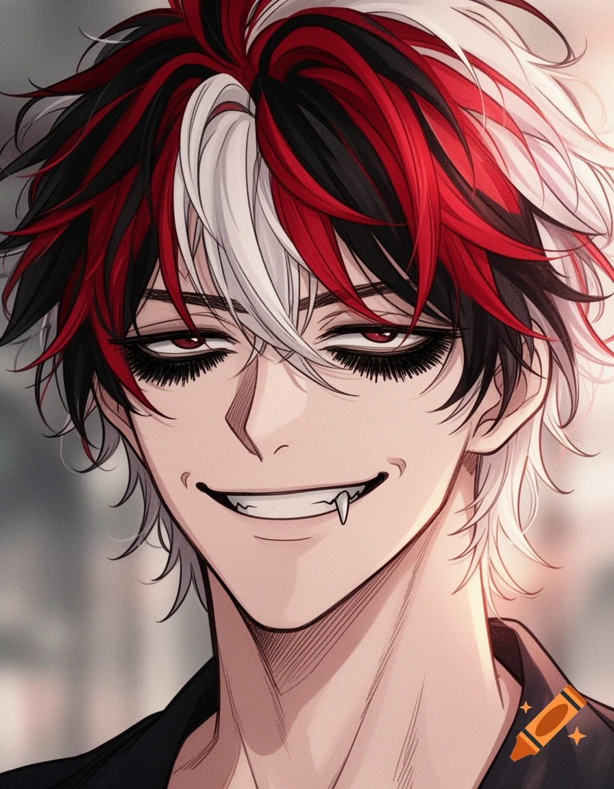 Anime-style male character with droopy red eyes, sharp fangs, and spiky red, black, and white hair, smirking.