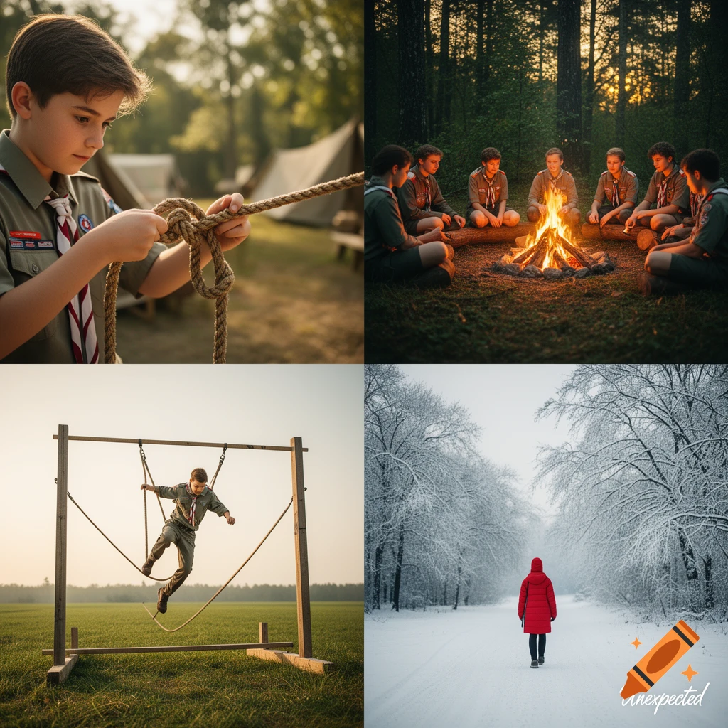 A four-panel grid. Top left: a boy scout tying a knot. Top right: scouts around a campfire. Bottom left: a scout on a rope course. Bottom right: a person in a red coat walks a snowy path, with 'Unexpected' text.