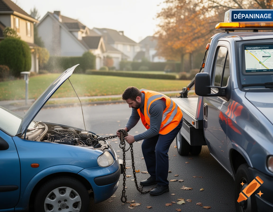A tow truck worker in an orange vest chains a blue broken-down car on a residential street next to a tow truck, steam rising from the car's open hood.