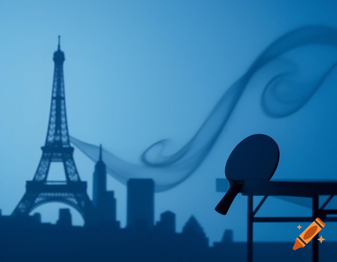 A blue-toned silhouette of the Eiffel Tower and Parisian skyline with a ping-pong paddle and table, set against a swirled background.