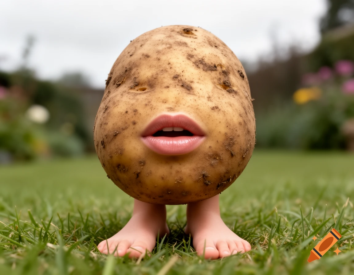 Photorealistic image of a potato with human lips and baby feet standing on green grass in a garden.