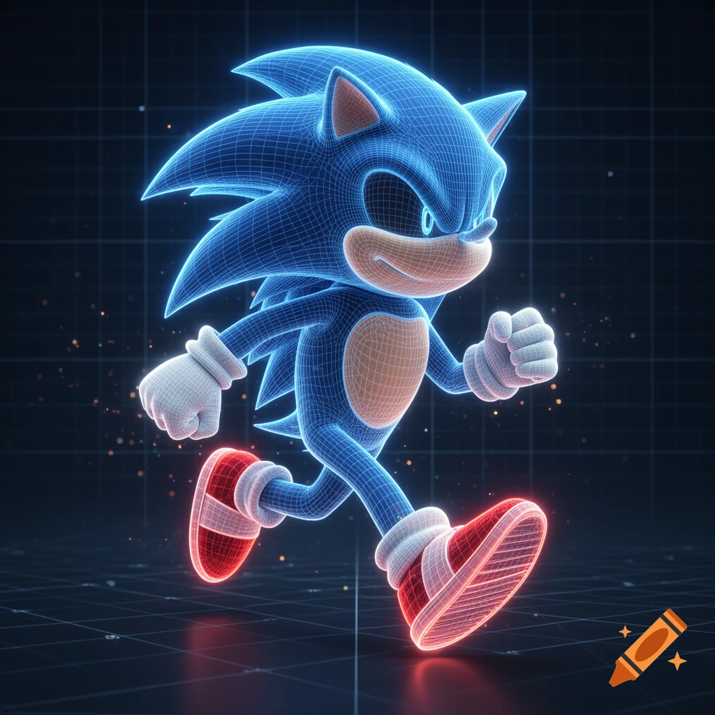 A blue wireframe 3D render of Sonic the Hedgehog running on a dark grid background.