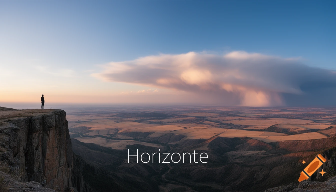 A solitary figure stands on a cliff edge, looking out over a vast, undulating landscape beneath a cloudy sky, with 'Horizonte' text.