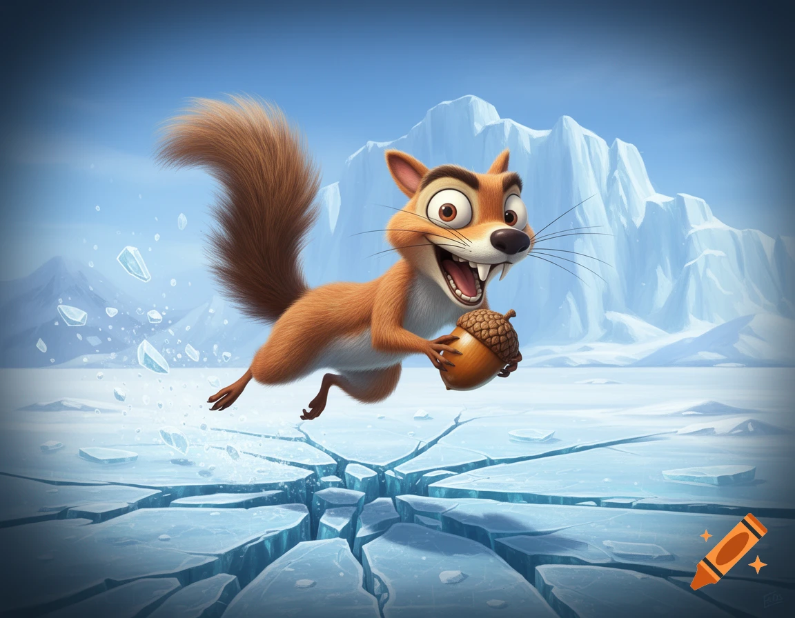 Cartoon squirrel Scrat jumps over cracked ice holding an acorn, with icy mountains in the background.