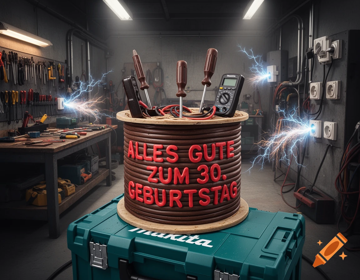 Cable drum birthday cake with chocolate tools on a Makita toolbox in a workshop. Electrical sparks from sockets. Text 'ALLES GUTE ZUM 30. GEBURTSTAG'.