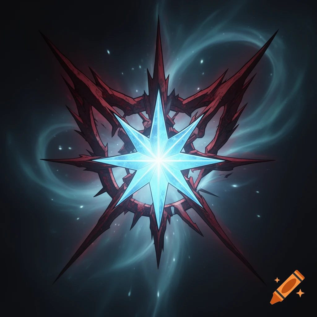 A glowing blue multi-pointed star surrounded by a jagged, thorny red frame, with swirling ethereal blue light in the background.