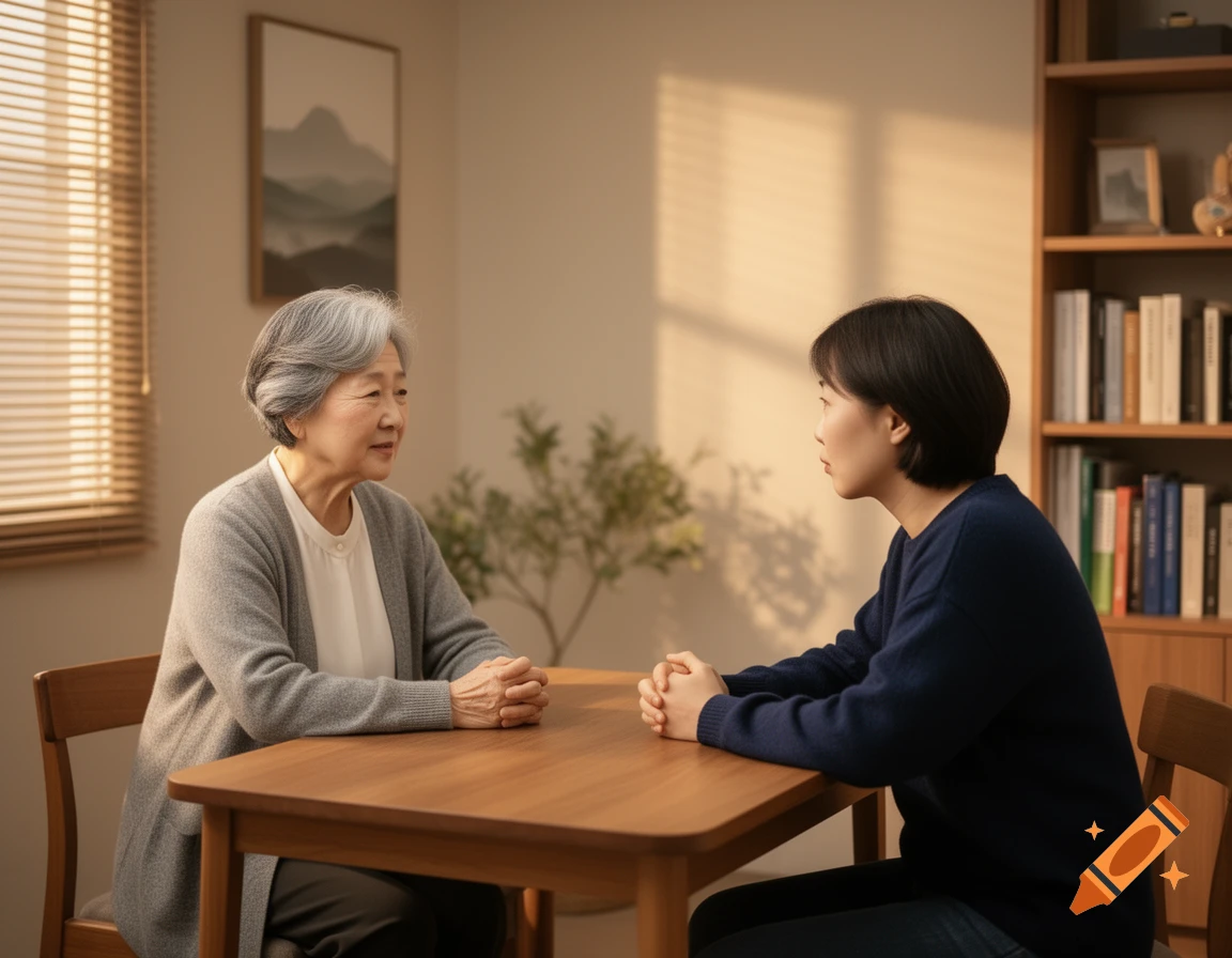 An elderly Korean woman with gray hair and a younger Korean woman with short dark hair sit at a wooden table in a warm office, conversing.