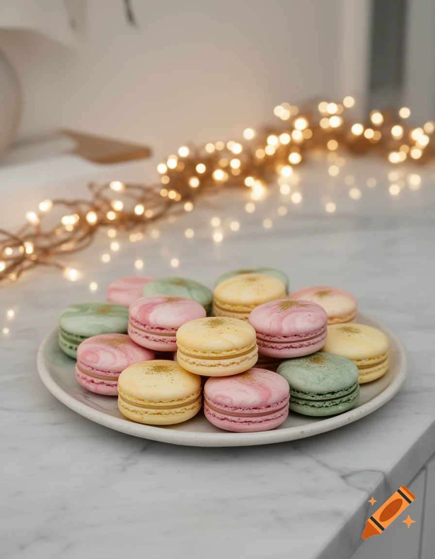 A plate of colorful pink, yellow, and green macarons with gold dust on a marble counter, illuminated by blurred fairy lights.