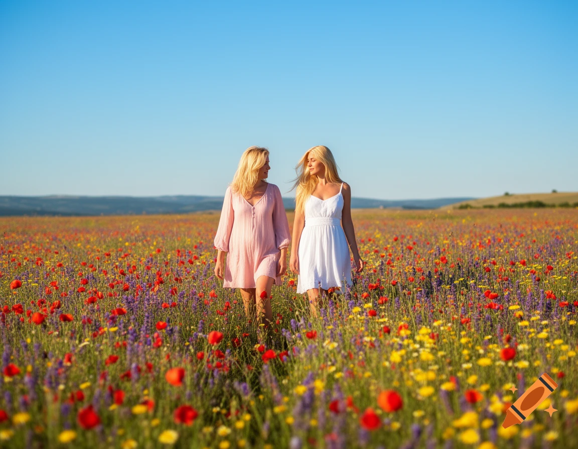 Two blonde women in dresses walk through a vibrant field of red, purple, and yellow flowers under a clear blue sky.