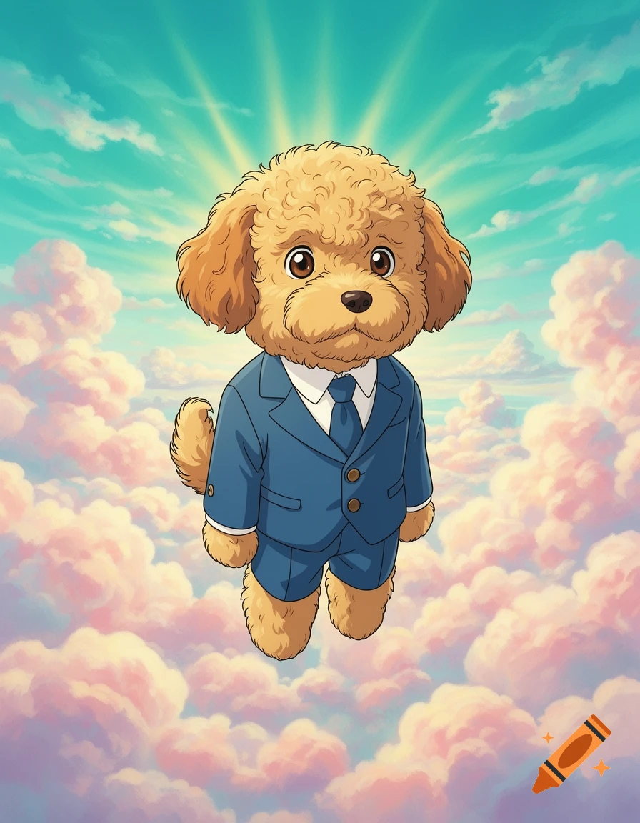 A cute goldendoodle in a blue suit floats among pink clouds in a Studio Ghibli-style painting.