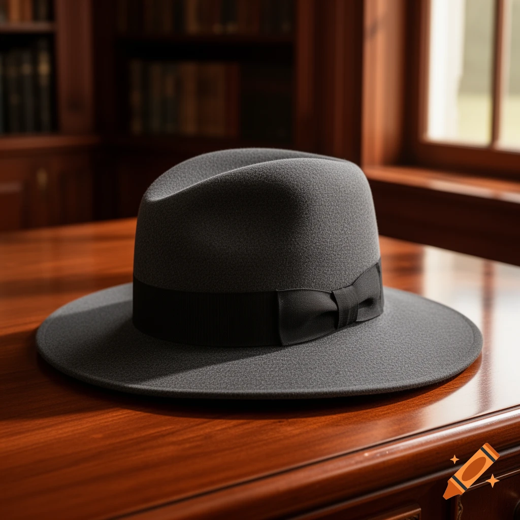 A gray fedora hat with a black band rests on a glossy wooden desk in a softly lit room with bookshelves.