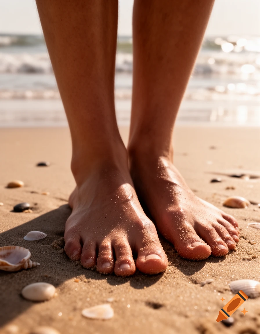 Close-up of human feet standing on a sandy beach with seashells and ocean waves in the background under sunlight.