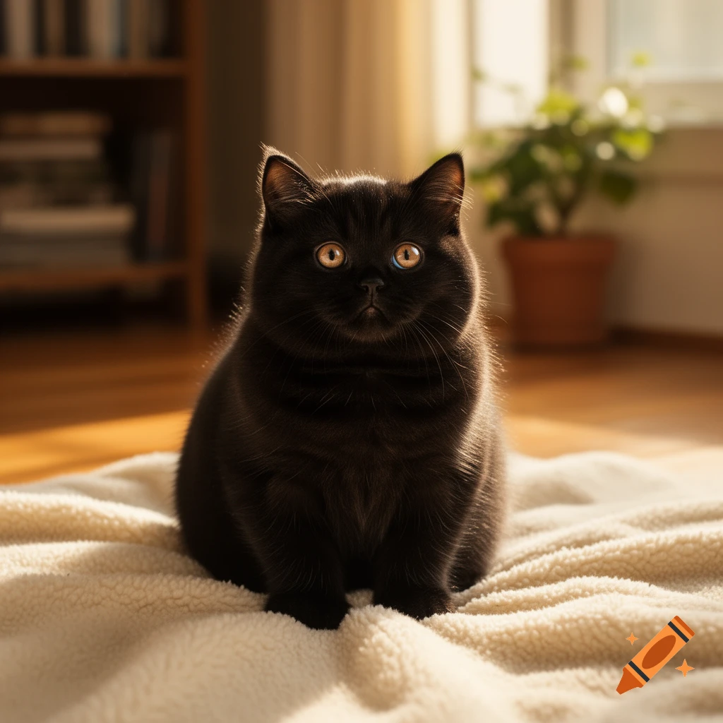 A cute black cat with large golden eyes sits on a white fluffy blanket in warm indoor lighting.