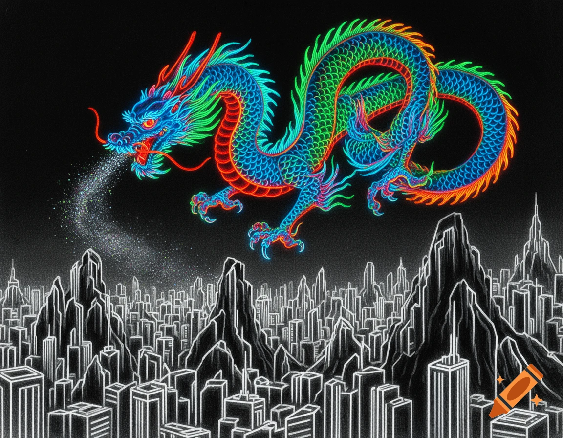 A vibrant neon dragon in blue, green, and orange glows as it flies over a cityscape made of white neon lines on a black background.