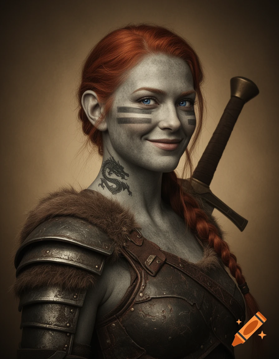 A studio portrait of a goliath woman with grey skin, red braided hair, blue eyes, warpaint, a dragon tattoo, and leather armor.