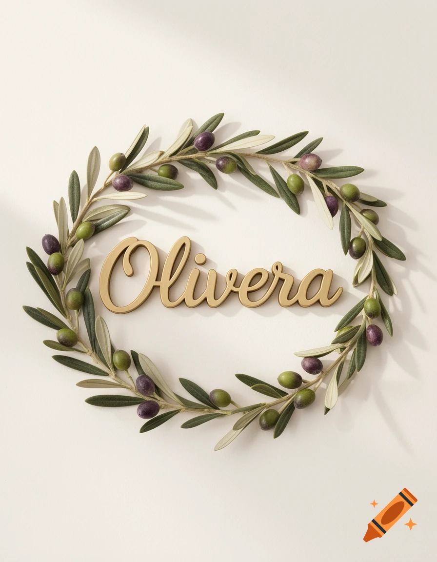 A golden wooden name "Olivera" inside an olive branch wreath with green and purple olives on a white background.