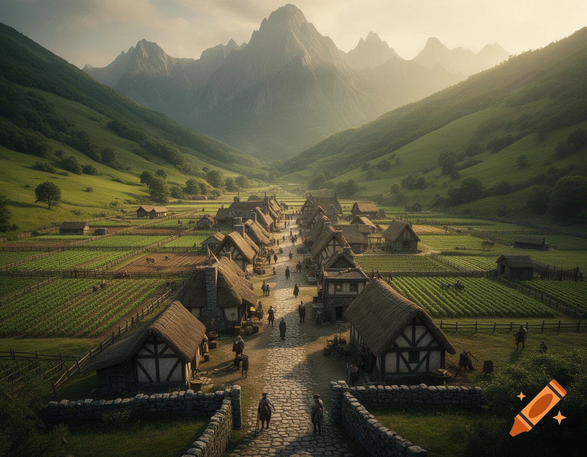 A fantasy village in a lush green valley with towering mountains, a cobblestone path, and surrounding farms under a soft, golden sky.