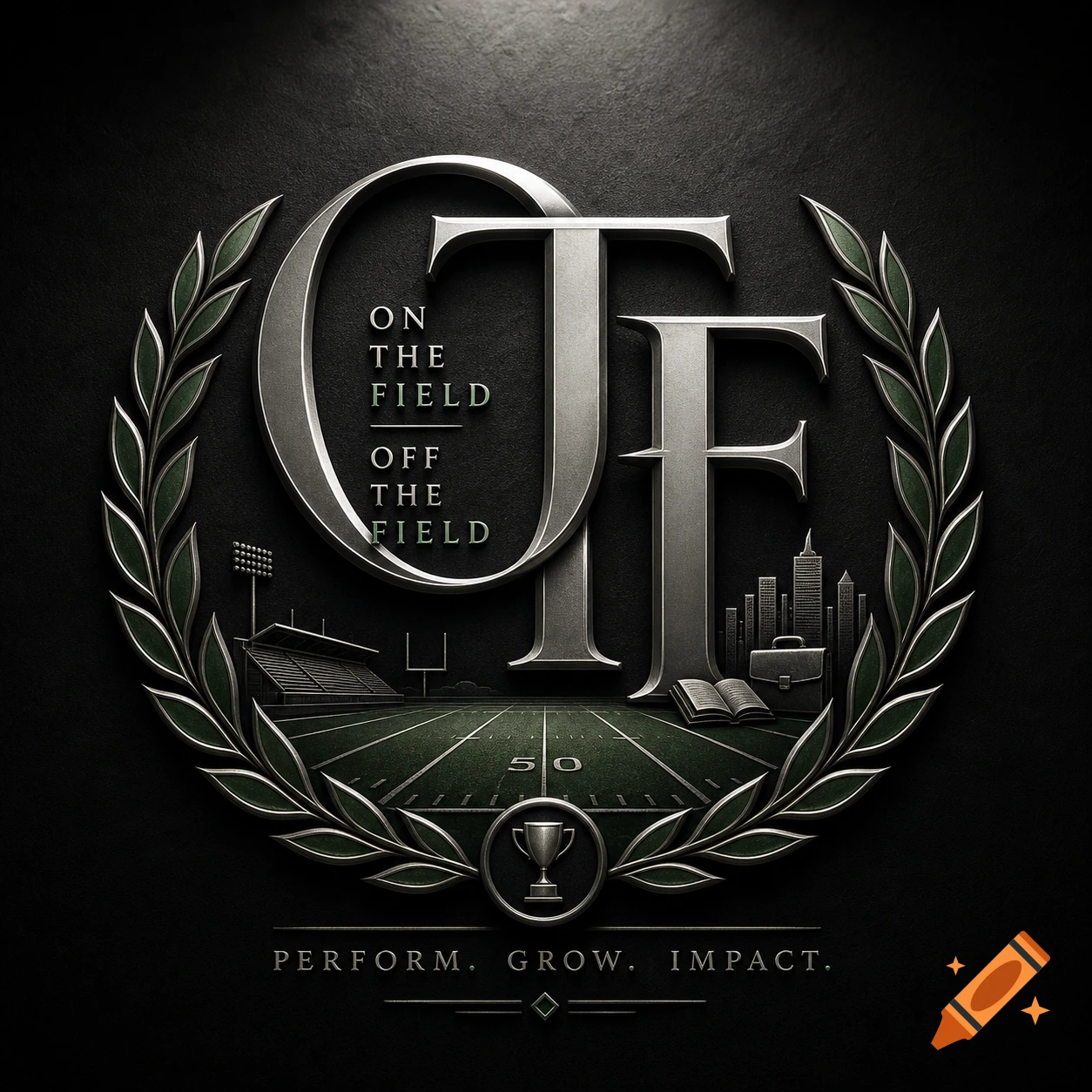 Metallic silver 'OTF' logo, 'ON THE FIELD OFF THE FIELD' text, with football field, city skyline, and 'PERFORM. GROW. IMPACT.' within laurels.