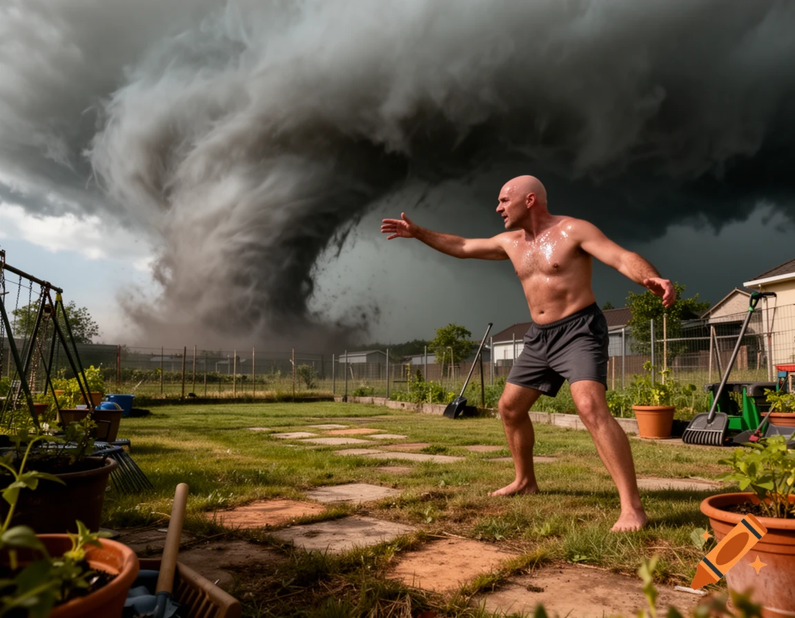 A bald, shirtless man in shorts stands in a green backyard, reaching out towards a massive, dark tornado in the distance.