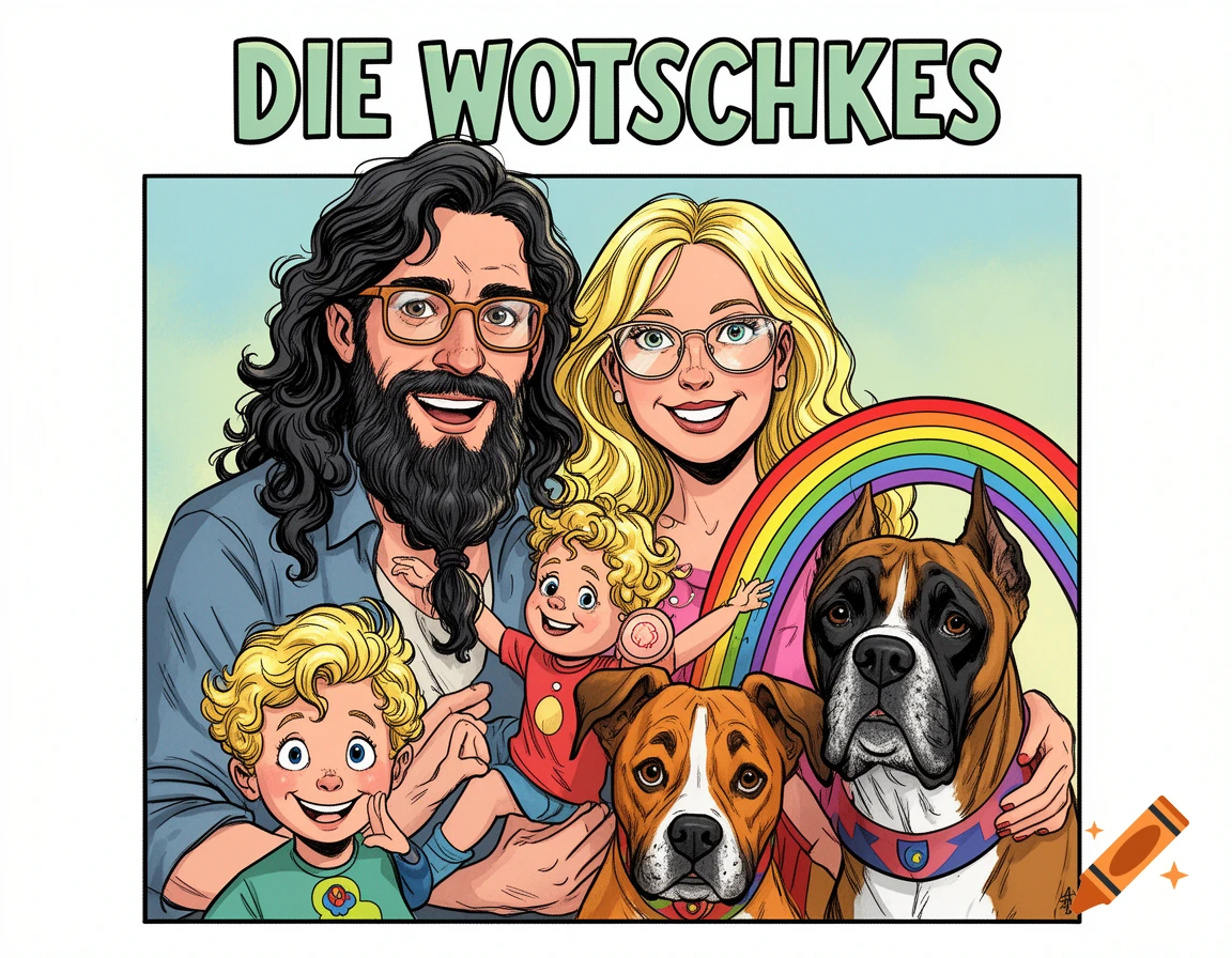 A colorful comic-style family portrait featuring a man, woman, two children, and two dogs, with "DIE WOTSCHKES" as the title.