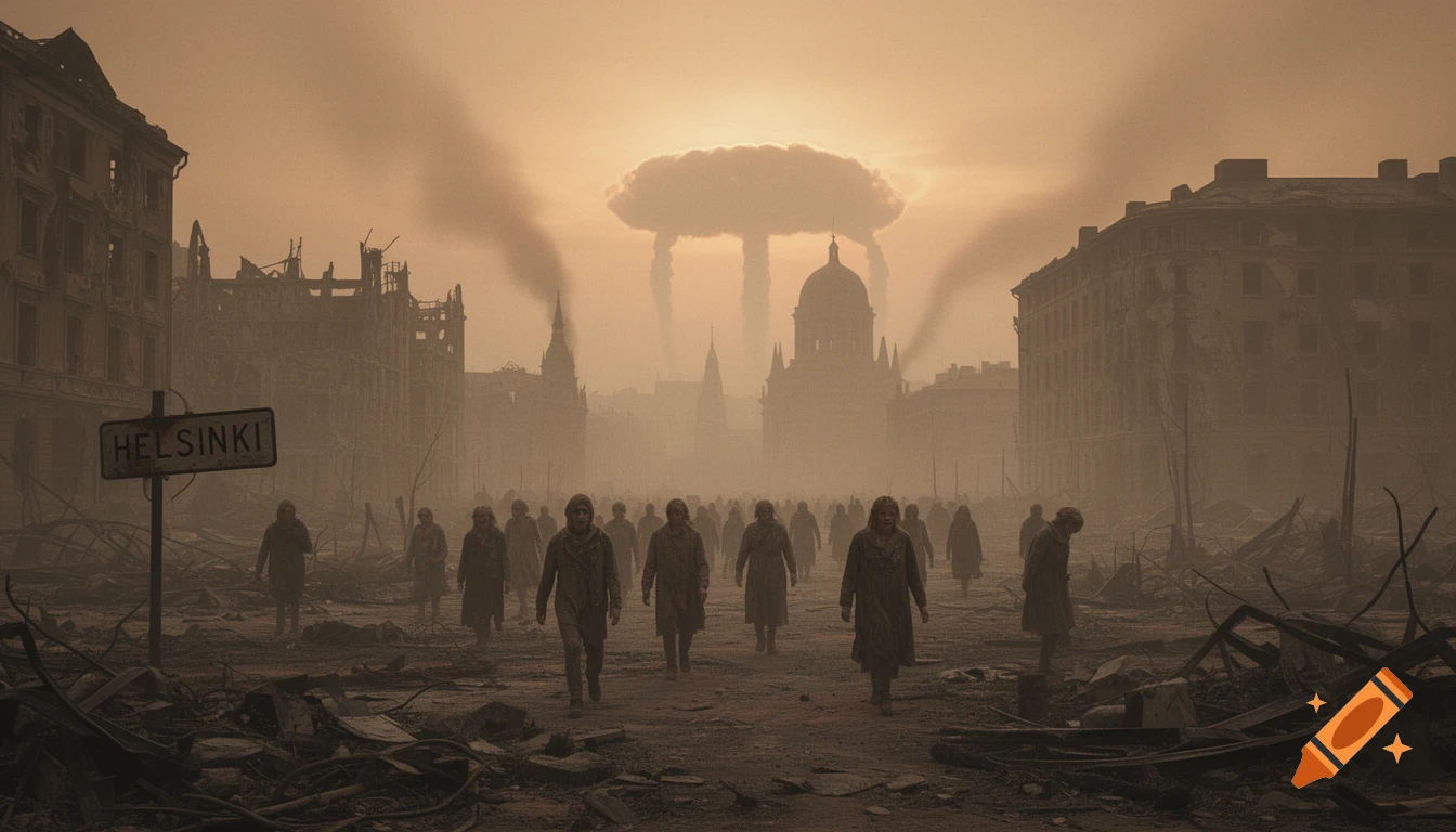 A post-apocalyptic cityscape with ruined buildings, a mushroom cloud in the distance, and figures walking through debris under an orange, hazy sky. A sign reads 'HELSINKI'.