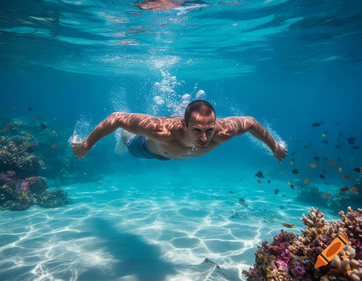A man swims underwater in clear blue water with sunlight dappling the sand, surrounded by colorful coral reefs and fish.