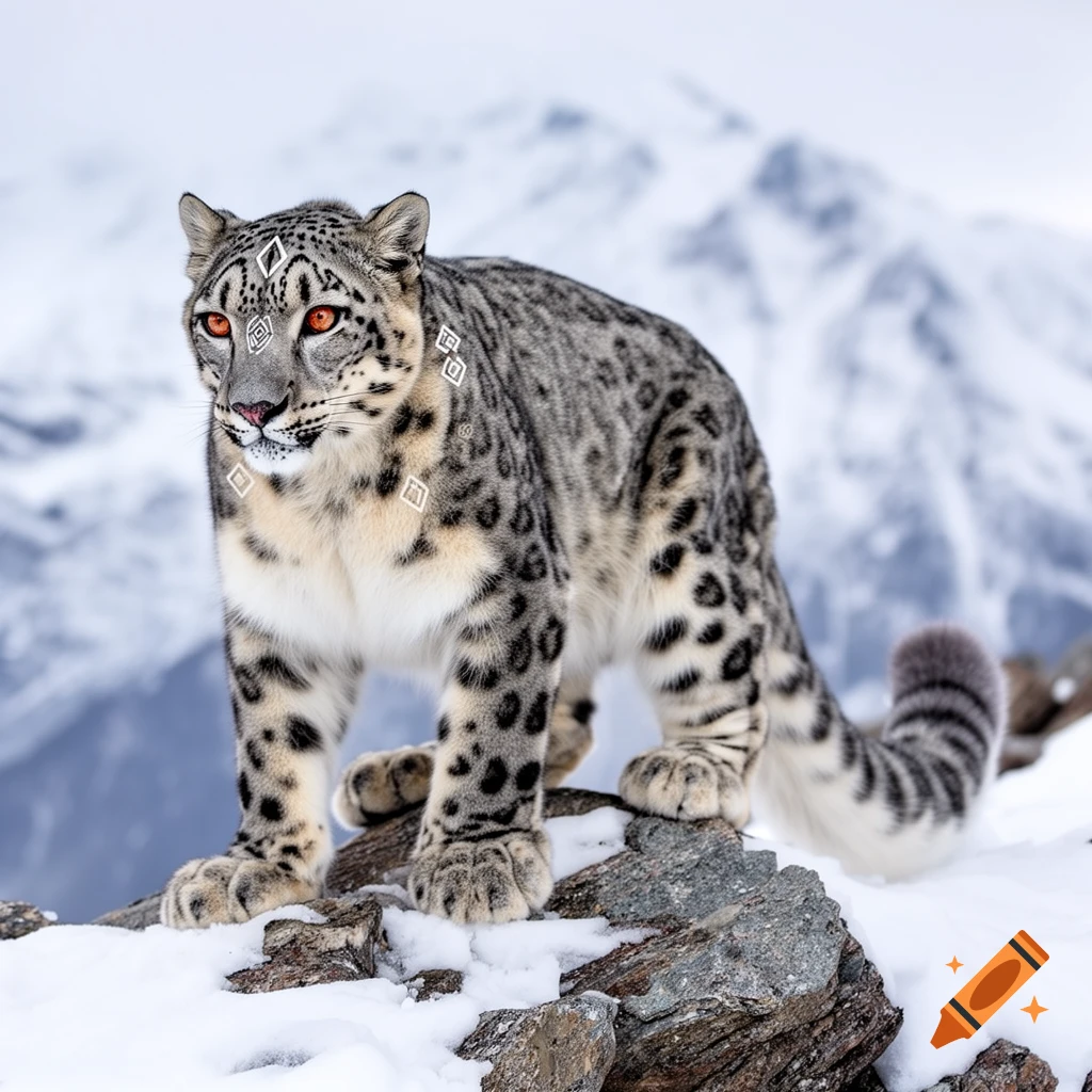 A snow leopard with reddish-brown eyes and diamond markings stands on snowy rocks in a mountainous landscape.