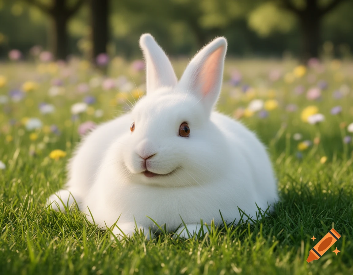 A fluffy white bunny with brown eyes lies on green grass in a sunlit field with colorful wildflowers, photorealistic.