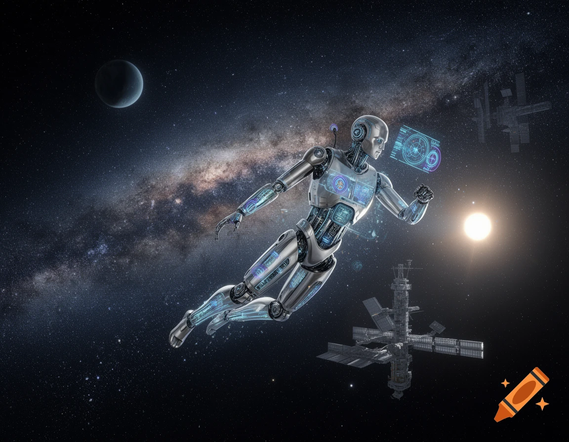 A photorealistic silver robot floats in deep space, interacting with a holographic display. A galaxy, planet, and space stations are visible.