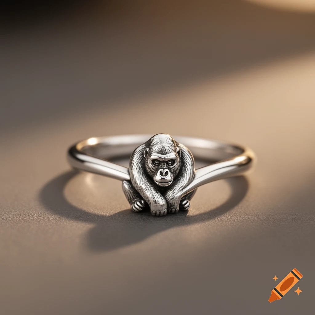 Close-up of a detailed silver ring featuring a gorilla design with its arms wrapped around the band.
