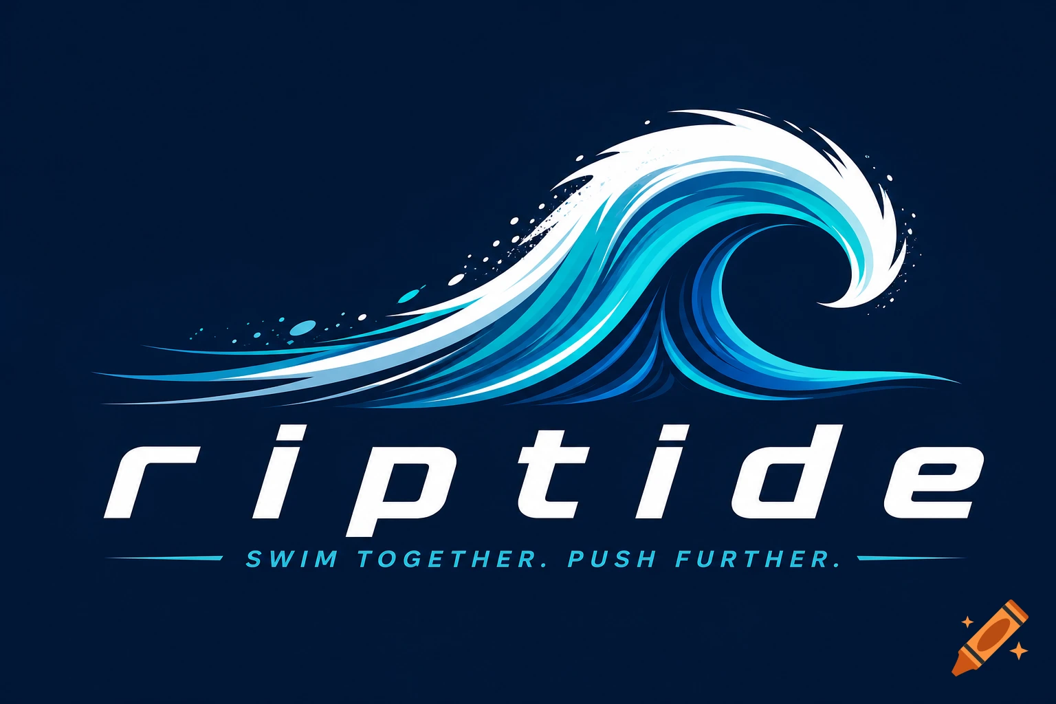 Logo featuring a stylized blue and white wave with "riptide" in large white text and "SWIM TOGETHER. PUSH FURTHER." below, all on a dark blue background.