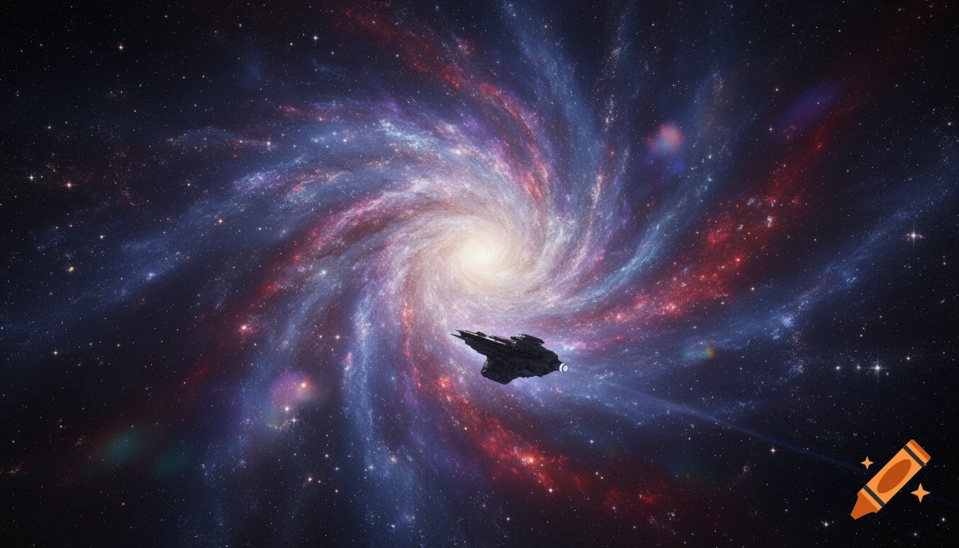 A dark spaceship flies through a vibrant spiral galaxy illuminated by countless stars.