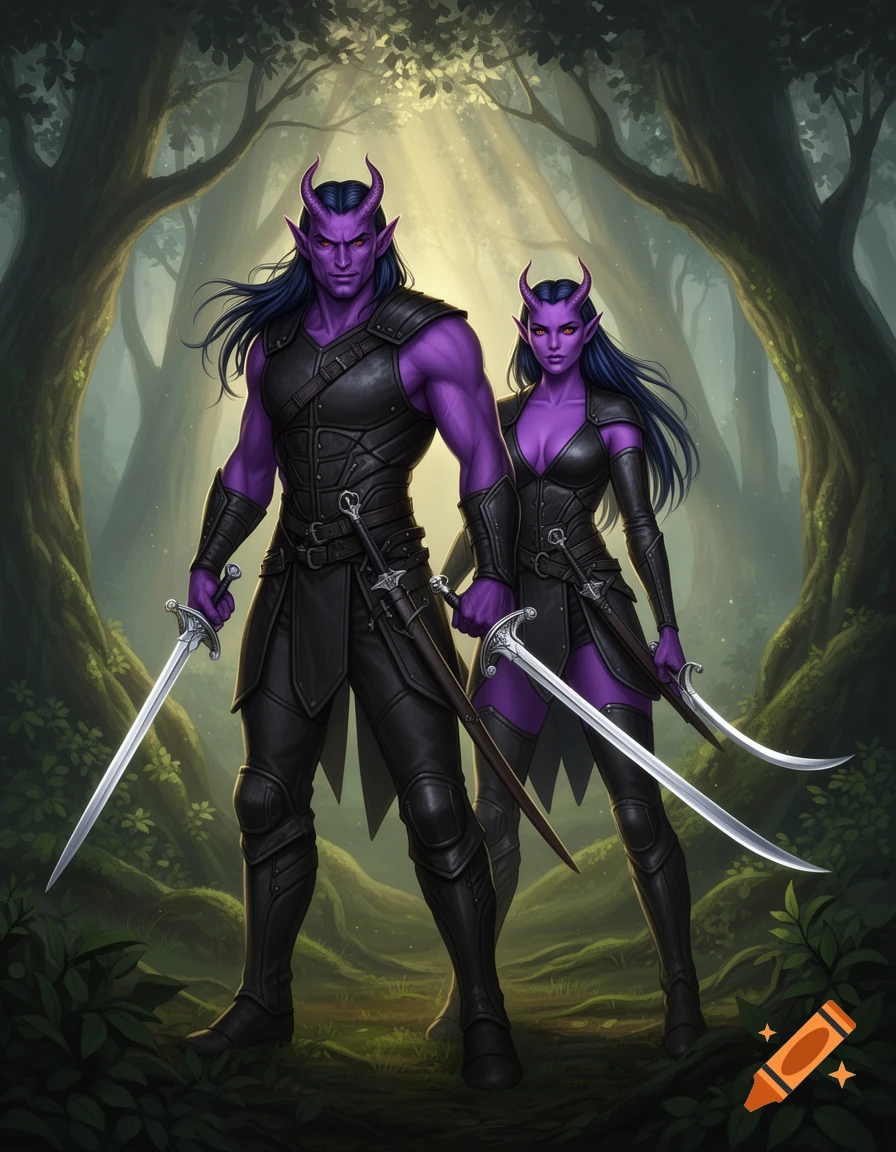 Two purple-skinned Tiefling warriors, a male and a female, with horns and dark hair, stand in a mystical forest with swords.