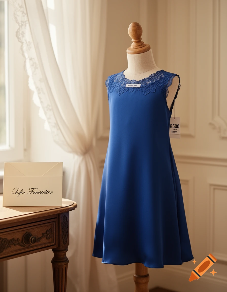 A blue sleeveless dress with lace trim on a mannequin, next to a wooden table with an envelope, in a sunlit room.