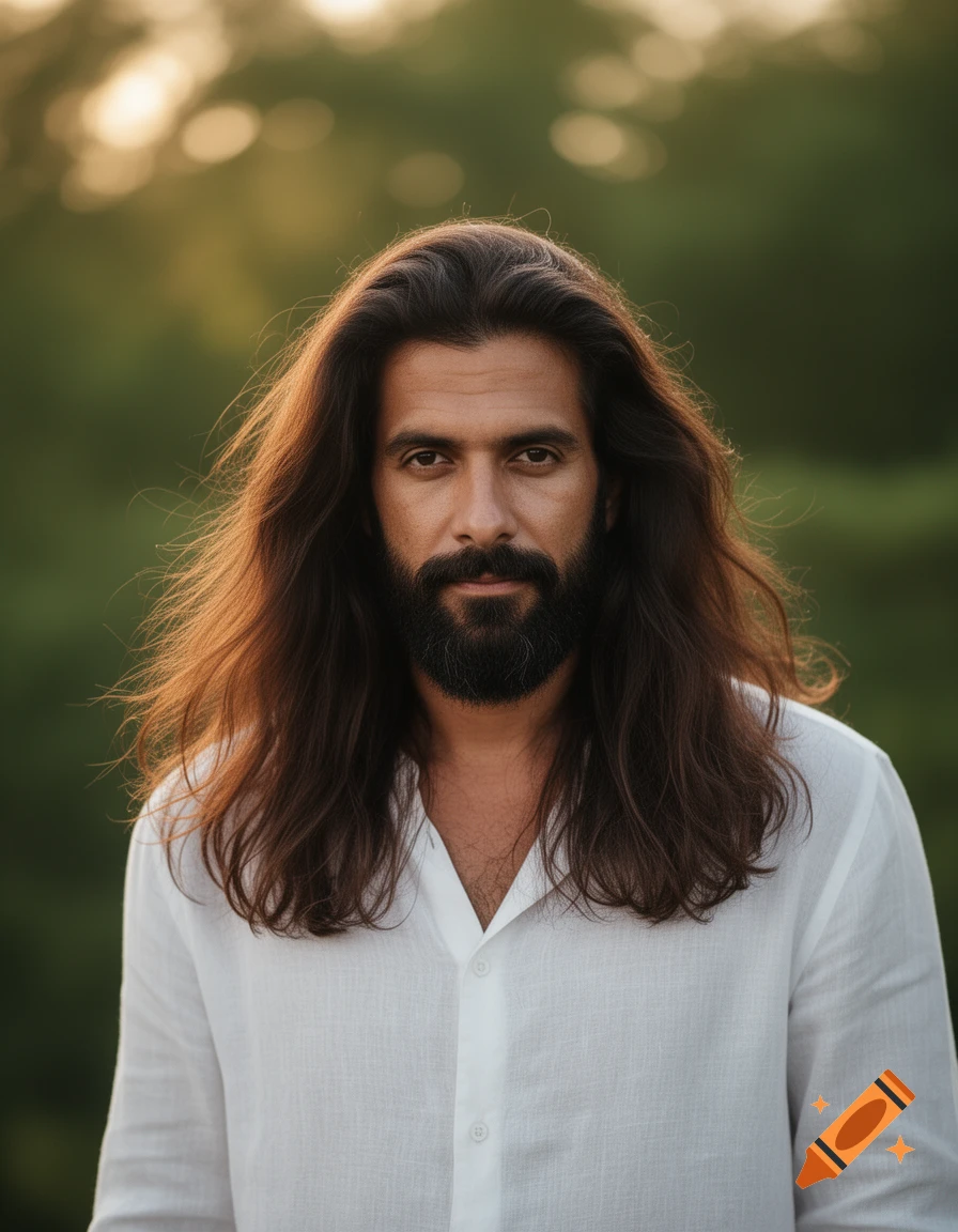 Photorealistic portrait of a man with long dark hair and a beard, wearing a white collared shirt, against a blurred green background.