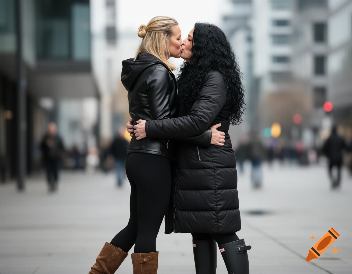 Two women, one blonde and one with dark curly hair, hug and kiss on a city street, dressed in winter jackets and boots.