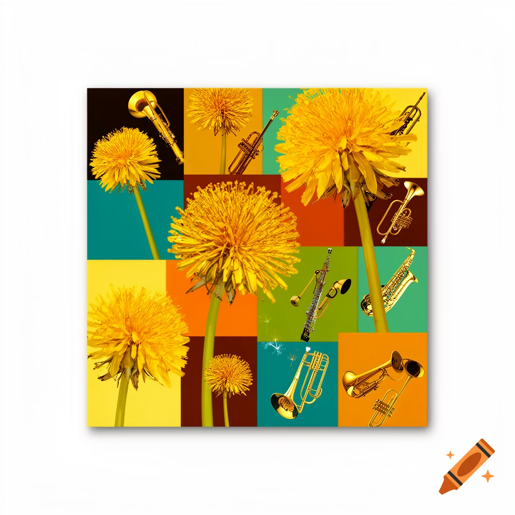 A collage art piece featuring yellow dandelions and golden wind instruments arranged on a grid of colorful blocks.