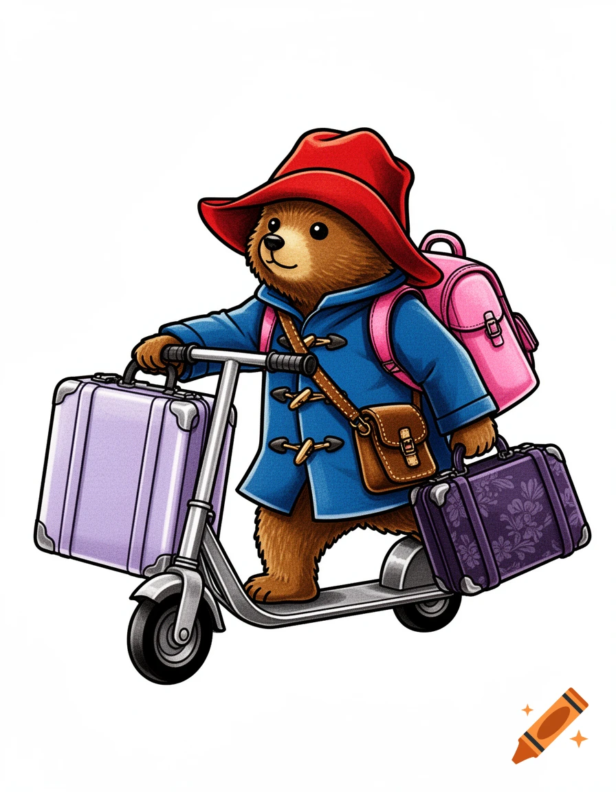 Illustrative tattoo design of Paddington Bear in a blue coat and red hat, riding a kick scooter with several pieces of luggage.