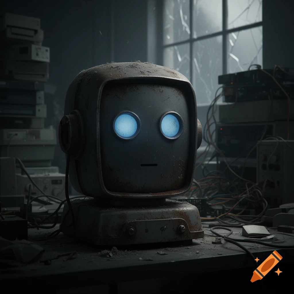 A close-up of a rusty, old robot head with glowing blue eyes, sitting on a cluttered workbench in a dimly lit, abandoned room with a broken window in the background.