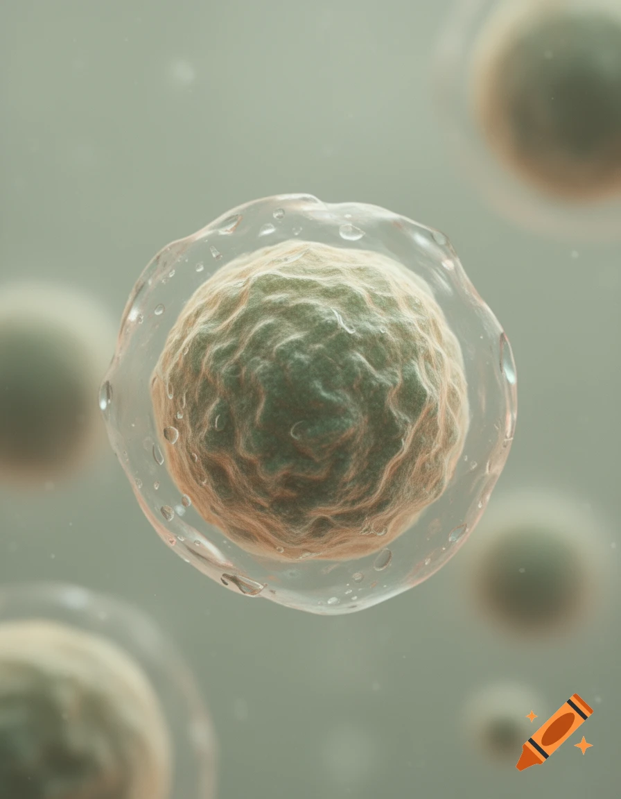 Close-up, detailed view of a single cell or spore with a clear outer membrane, floating in a liquid with other blurred cells in the background.