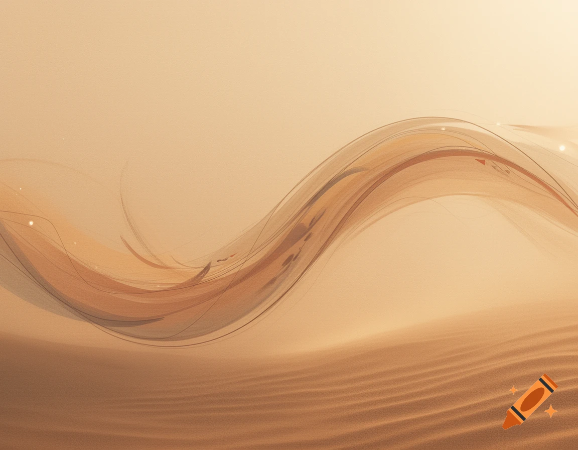 Abstract minimalist artwork with a flowing wave of warm beige and brown tones over a sandy landscape.