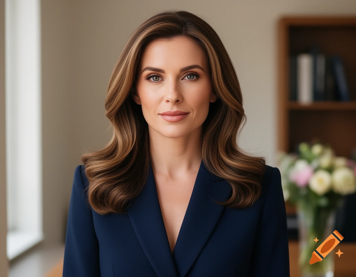 Photorealistic portrait of a professional woman in a navy blazer, with wavy brown hair, looking forward in an office.
