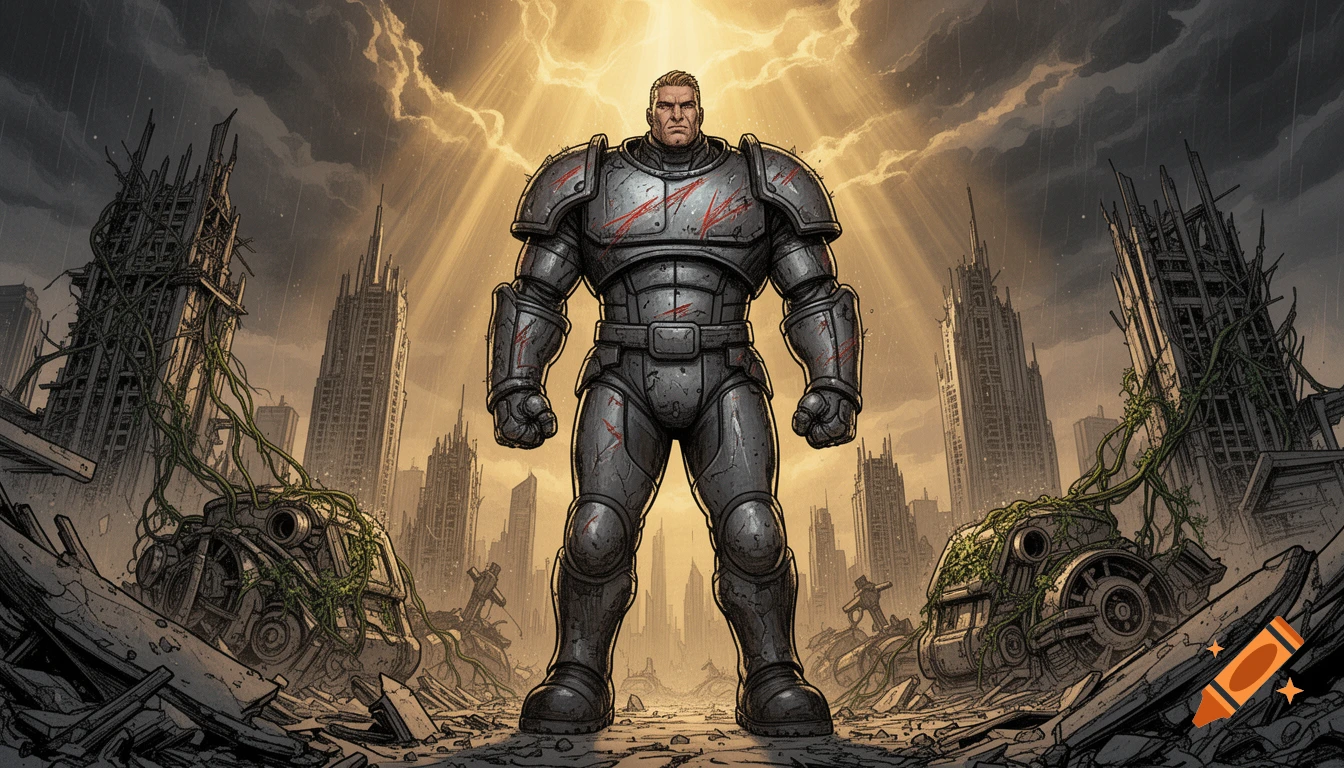 A comic book style image of a warrior in scarred metal armor standing amidst futuristic city ruins under dramatic golden light.