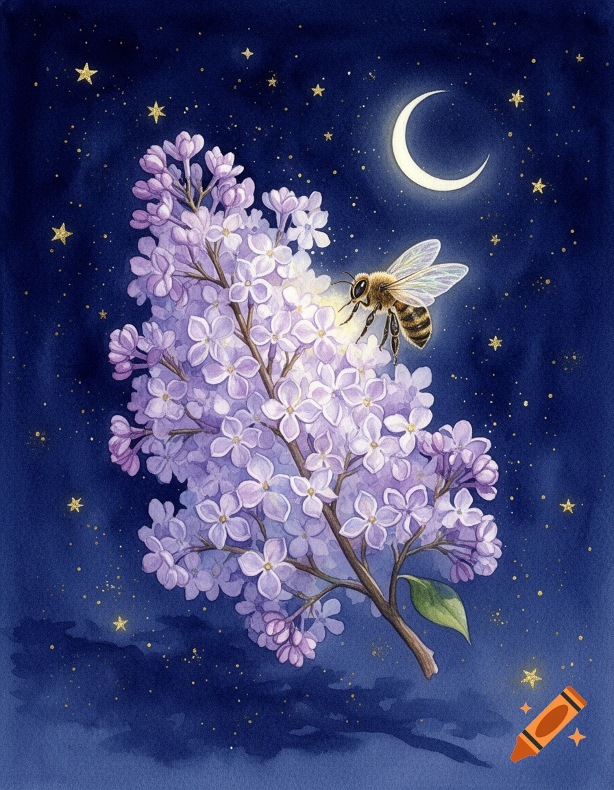 Watercolor painting of a bee hovering near glowing purple lilac flowers under a crescent moon and golden stars in a deep blue night sky.