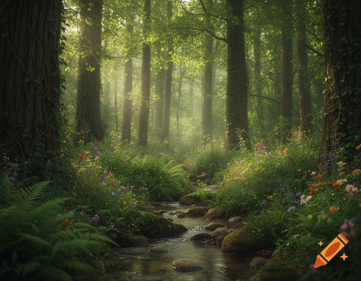 Sunlight filters through lush green trees in a mystical forest, illuminating wildflowers and a rocky stream winding through the foliage.