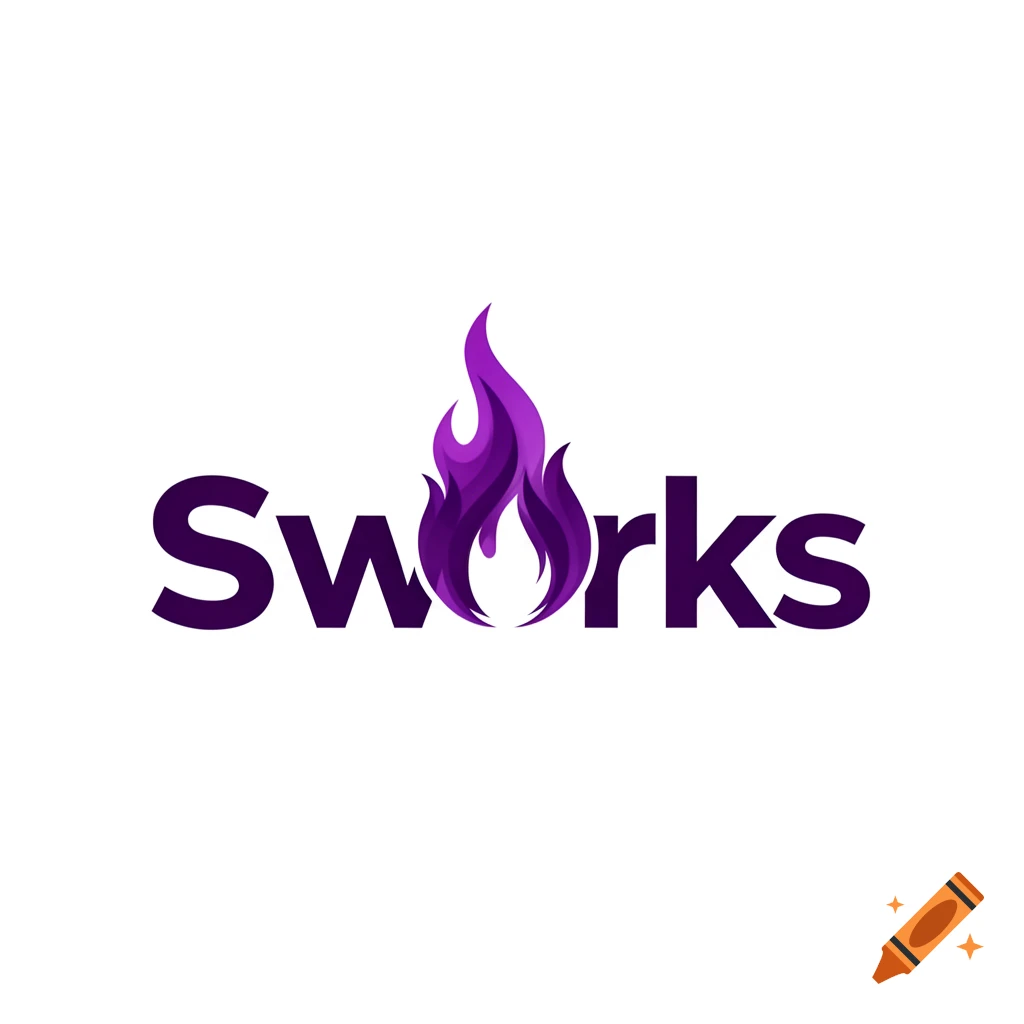 Logo for Sworks featuring dark purple text with a stylized purple flame replacing the 'o' character.
