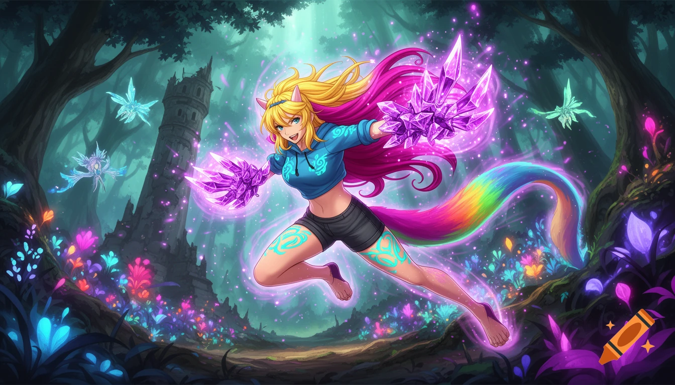 Anime fantasy heroine leaps through an enchanted forest, wielding glowing crystal gauntlets amidst magical energy, luminous plants, and a ruined tower.