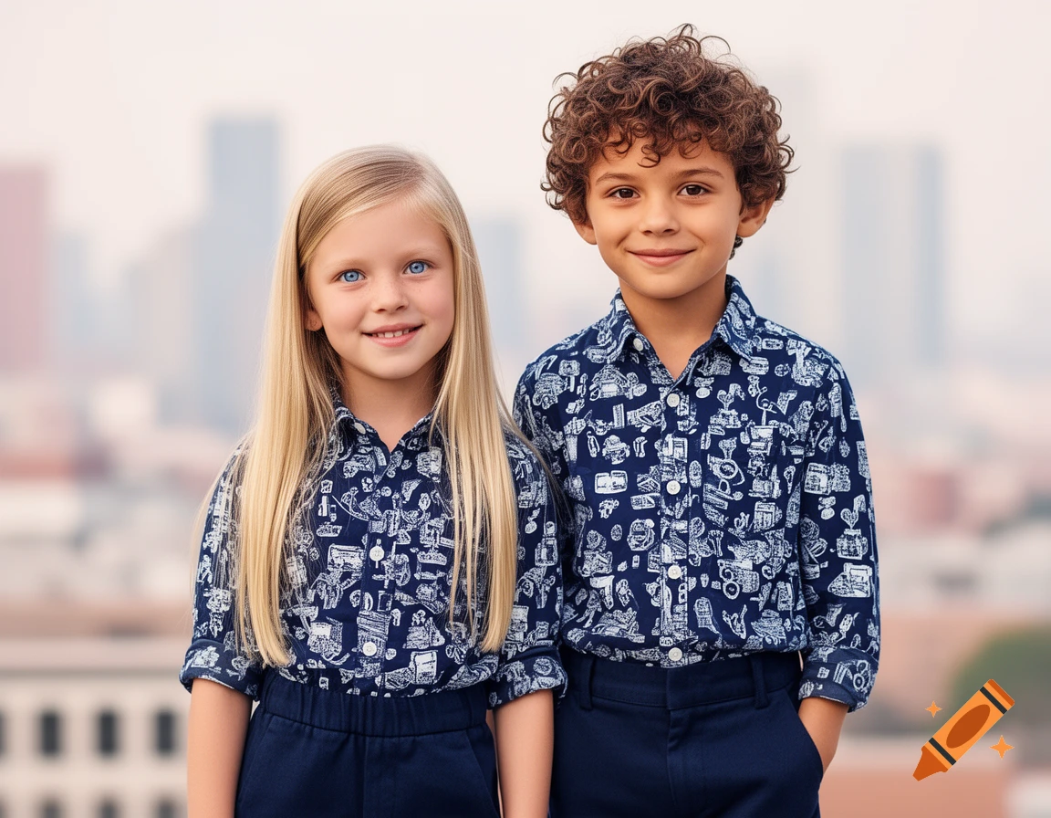 A smiling blonde girl and a curly-haired boy in matching blue patterned shirts stand in front of a blurred cityscape.