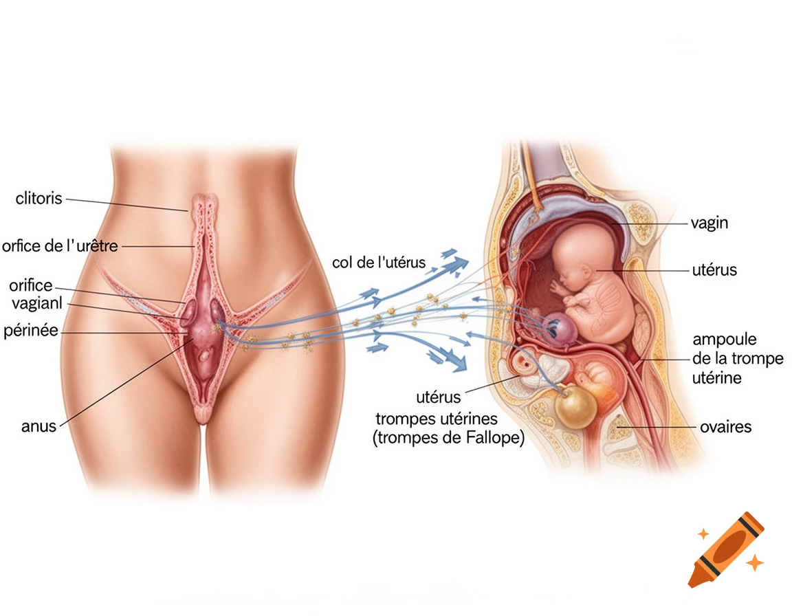 Detailed medical illustration showing the female external genitalia with labels, and a sagittal view of the female pelvis with internal organs, a fetus, and sperm movement indicated by arrows.
