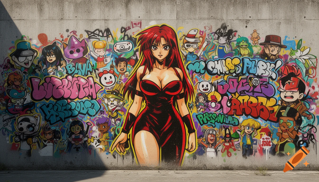 A concrete wall covered in dense, colorful graffiti featuring a large, busty anime girl in a red and black outfit surrounded by many small cartoon characters and stylized text.
